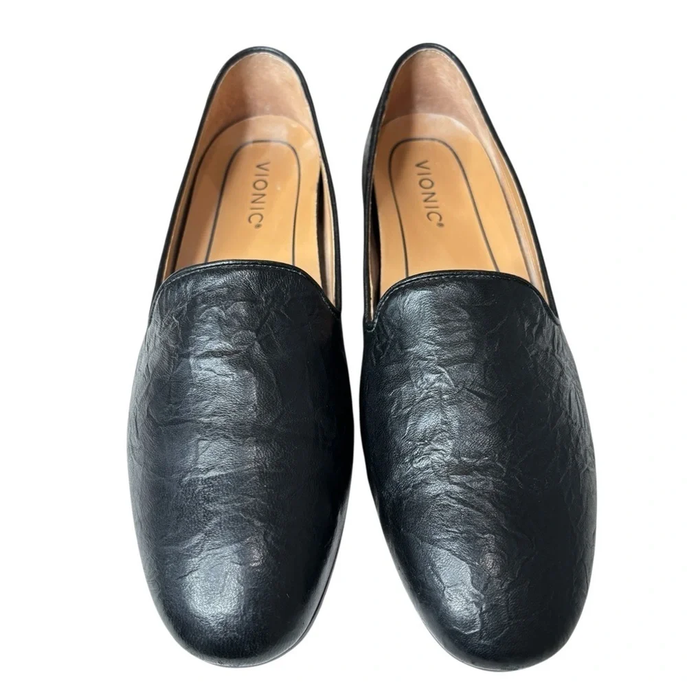 Vionic Willa II Loafer Womens Comfort Shoe Size 9.5 Black Crinkle Nappa Leather